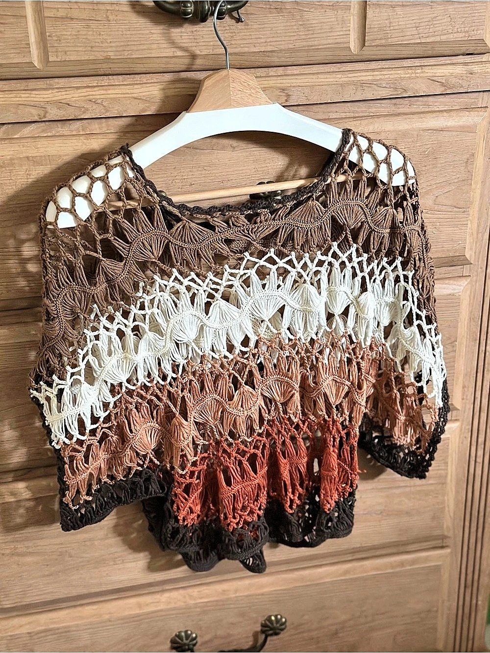 Openwork Crochet Boxy Relaxed Fit Shrug on Blouse in White & Browns